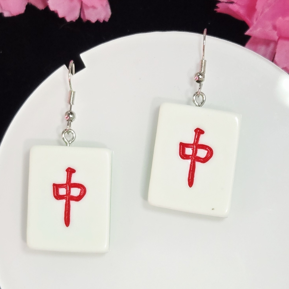 Red Dragon Mahjong Tile Earrings – Chinese Symbol Punk Resin Dangle Statement